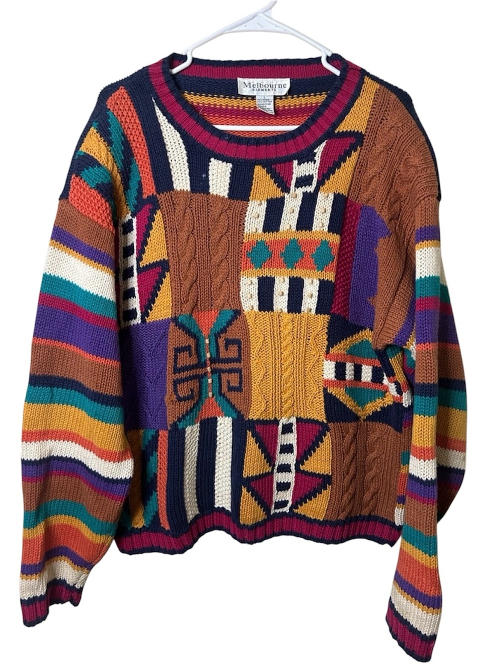 Melbourne Crewneck Patchwork Cable Knit Sweater Multicolor Vintage Large Ramie
